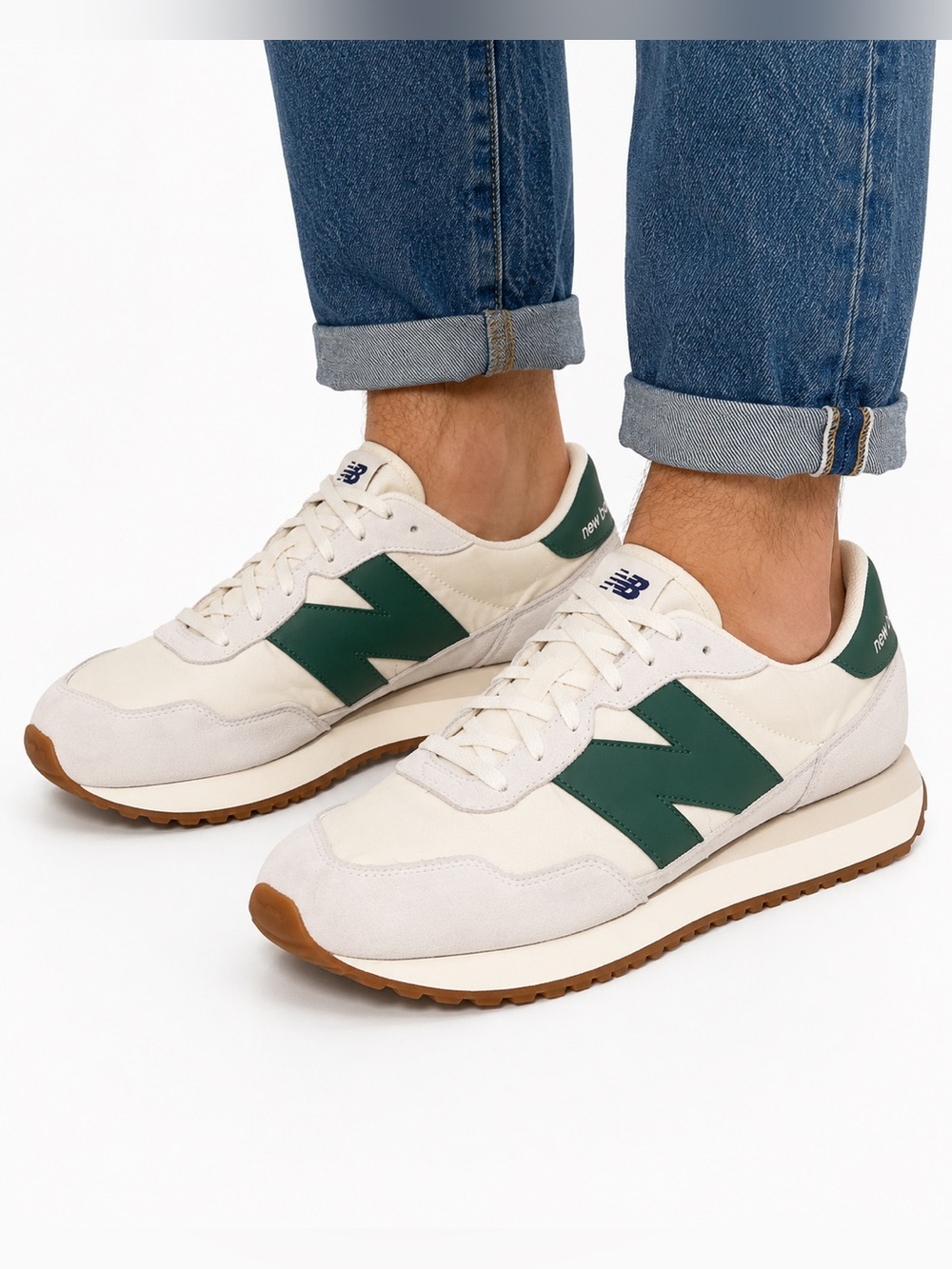 New Balance Men’s Size 13 White & Forest Green 574-Style Sneakers